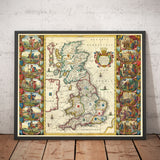 Alte Wikingerkarte von Großbritannien im Jahr 1645 von Jan Jansson - Angelsächsische Heptarchie in England, Schottland und Wales 