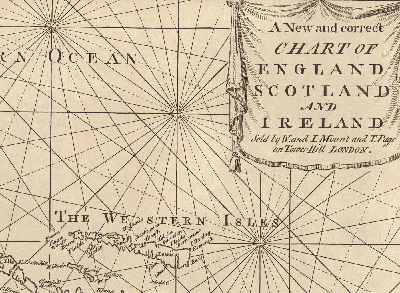 Old British Isles Navigation Chart, 1752 by Page & Mount - Ports, Sailing Distances in Leagues, English Channel