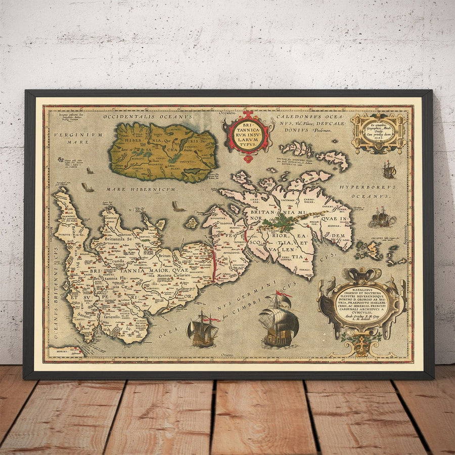 Antica mappa delle Isole Britanniche di Abraham Ortelius, 1595 - Inghilterra, Irlanda, Galles, Scozia - Britannia, Hibernia 
