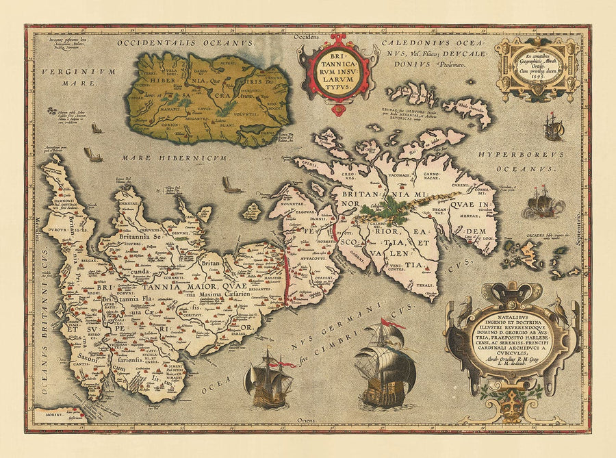 Antica mappa delle Isole Britanniche di Abraham Ortelius, 1595 - Inghilterra, Irlanda, Galles, Scozia - Britannia, Hibernia 