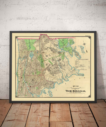 Mappa antica del Bronx nel 1900 di Hyde and Co. - New York City, Pelham Bay Park, Hunter Island, Giardino Botanico, Fiume Harlem 