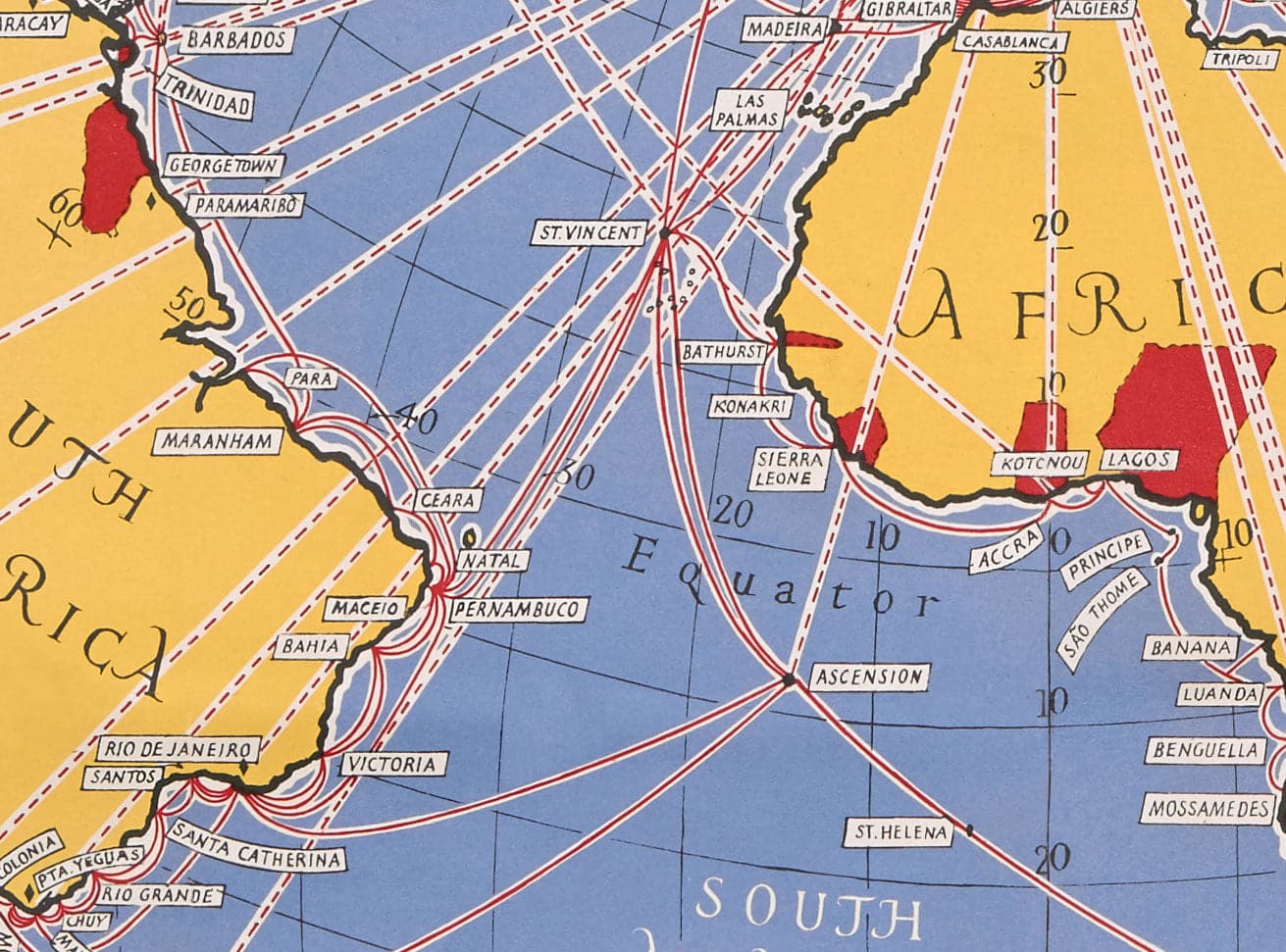 Old Cable & Wireless Great Circle Map, 1945 by Max Gill - Flat Earth British Empire Submarine Network Chart
