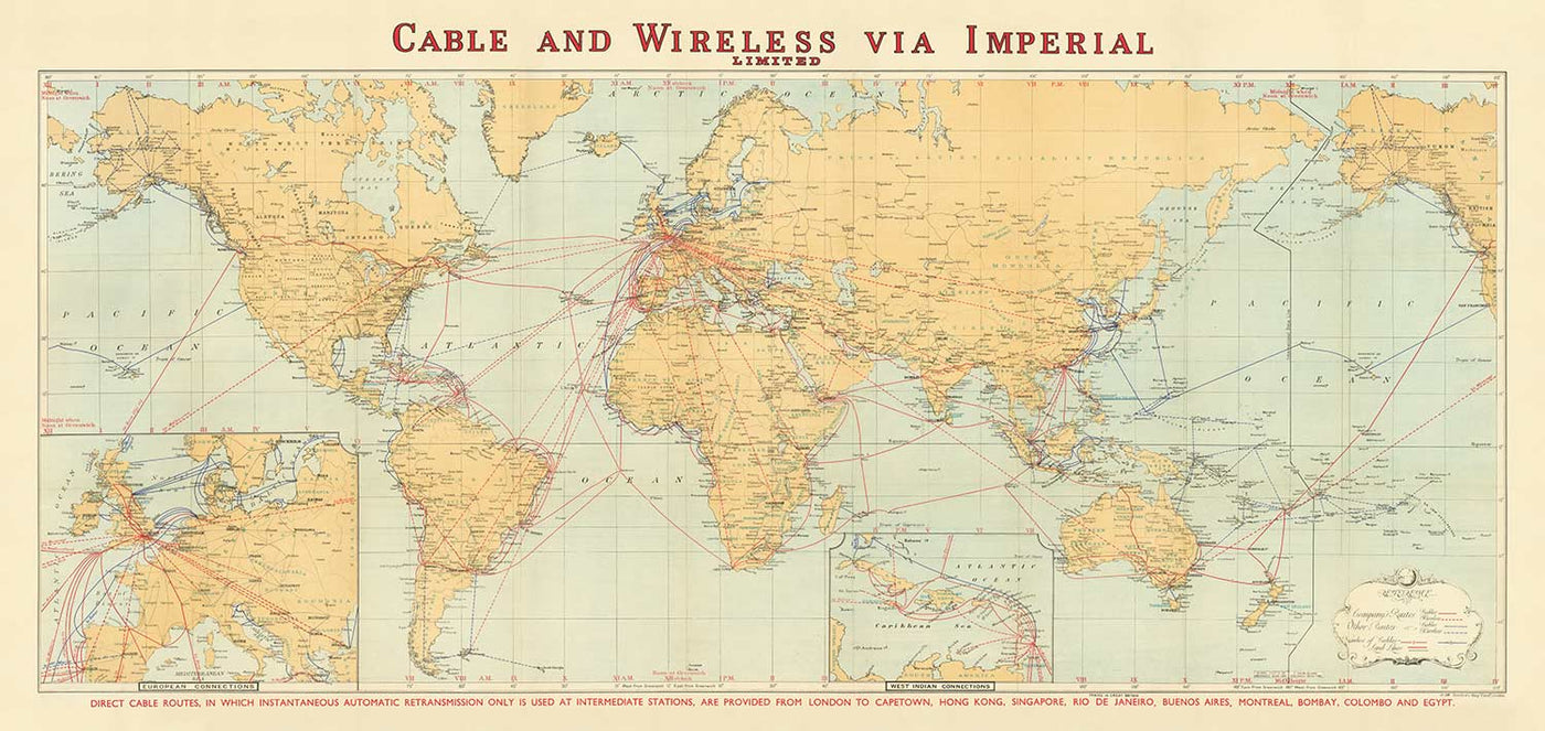 Old Cable and Wireless World Map, 1938 - (Very Early) Internet & Submarine Telegraph Chart