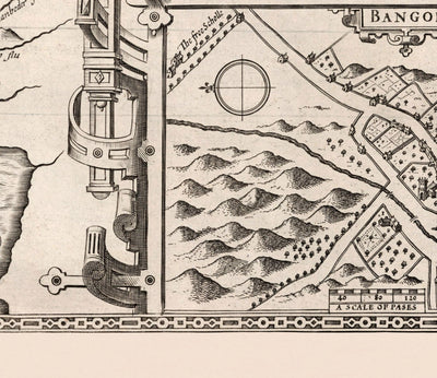 Old Monochrome Map of Caernarfonshire, Wales, 1611 by John Speed - Caernarfon, Snowdon, Gwynedd, Bangor, Conwy, Llandudno