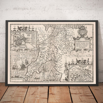 Ancienne carte monochrome de Caernarfonshire, Pays de Galles, 1611 par John Speed - Caernarfon, Snowdon, Gwynedd, Bangor, Conwy, Llandudno 