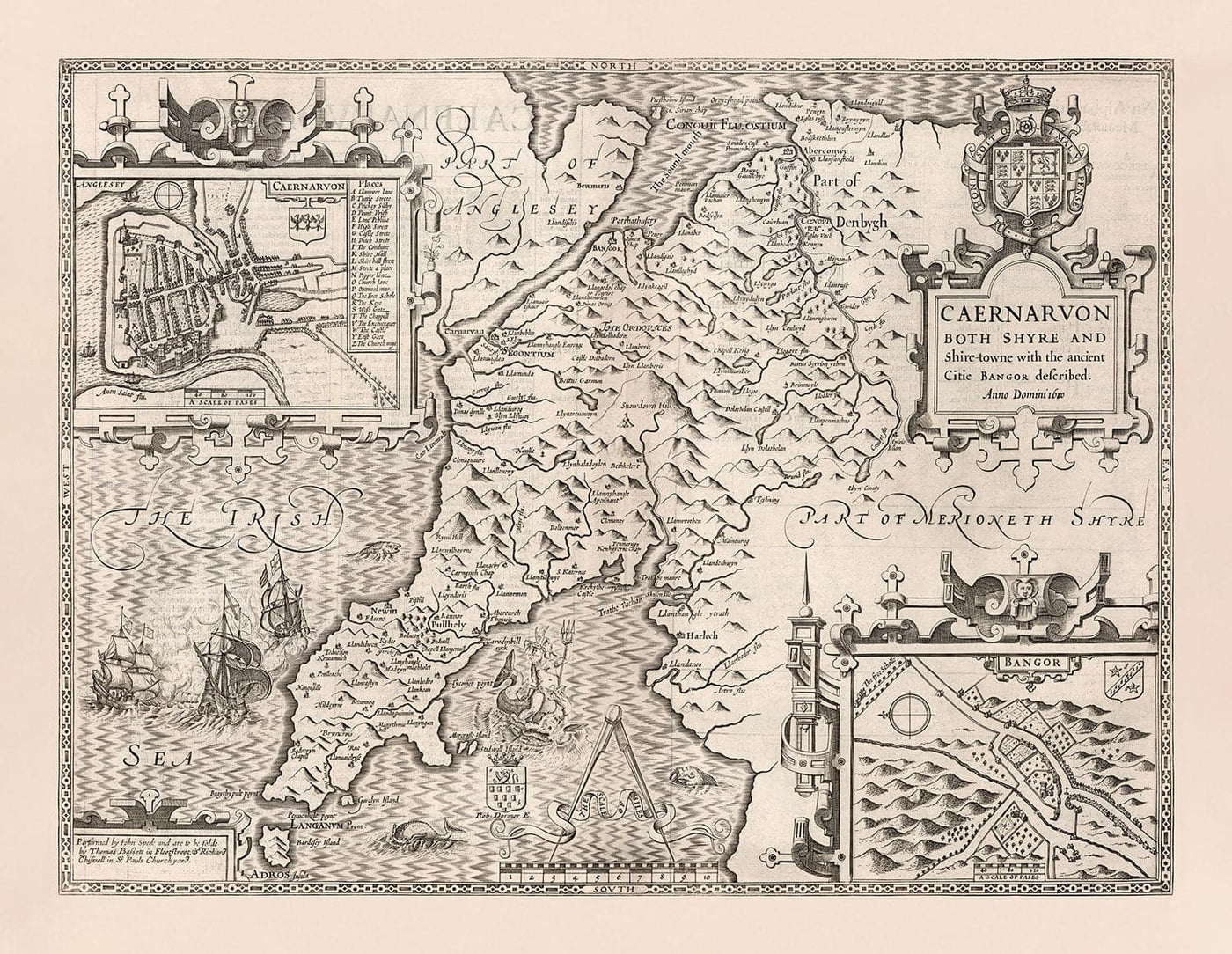 Old Monochrome Map of Caernarfonshire, Wales, 1611 by John Speed - Caernarfon, Snowdon, Gwynedd, Bangor, Conwy, Llandudno