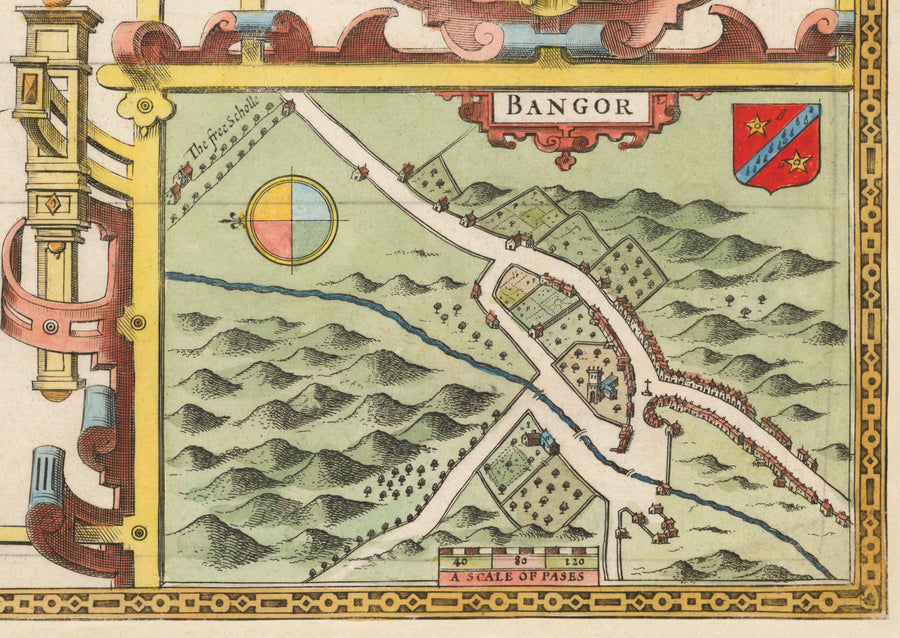 Mappa Antica di Caernarfonshire Wales, 1611 di John Speed - Caernarfon, Snowdon, Gwynedd, Bangor, Conwy, Llandudno 