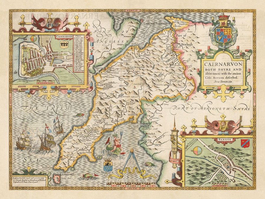 Mappa Antica di Caernarfonshire Wales, 1611 di John Speed - Caernarfon, Snowdon, Gwynedd, Bangor, Conwy, Llandudno 