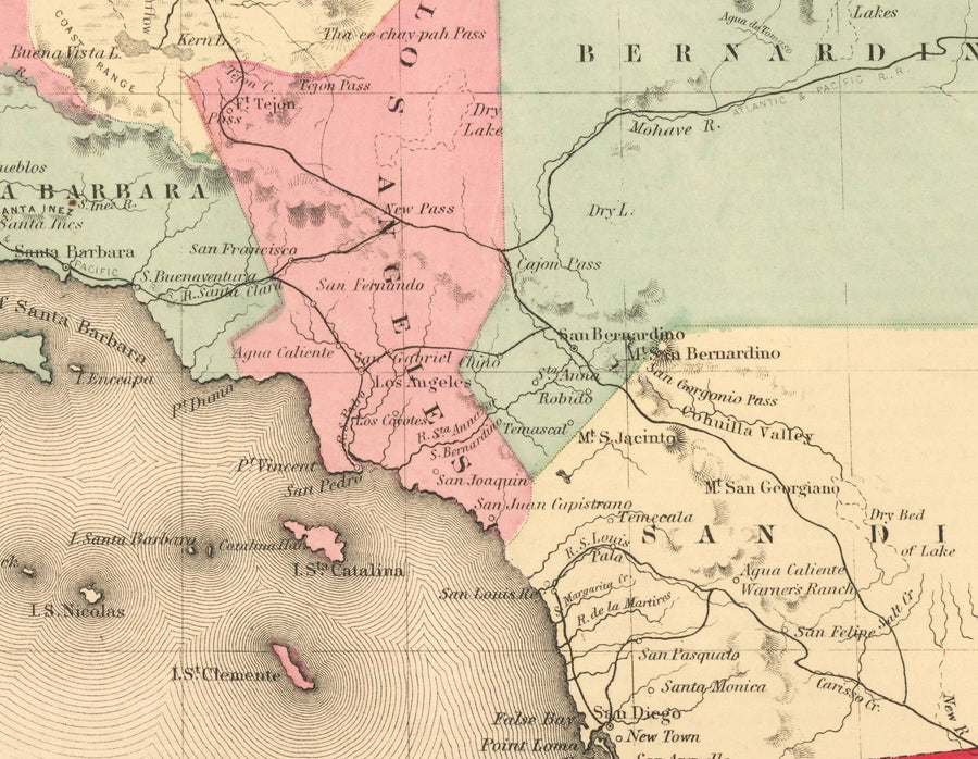 Mappa antica della California 1860, Colton - San Francisco, Los Angeles, San Diego, Santa Clara, Fresno, San Jose 