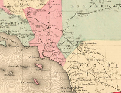 Old Map of California 1860, Colton - San Francisco, Los Angeles, San Diego, Santa Clara, Fresno, San Jose