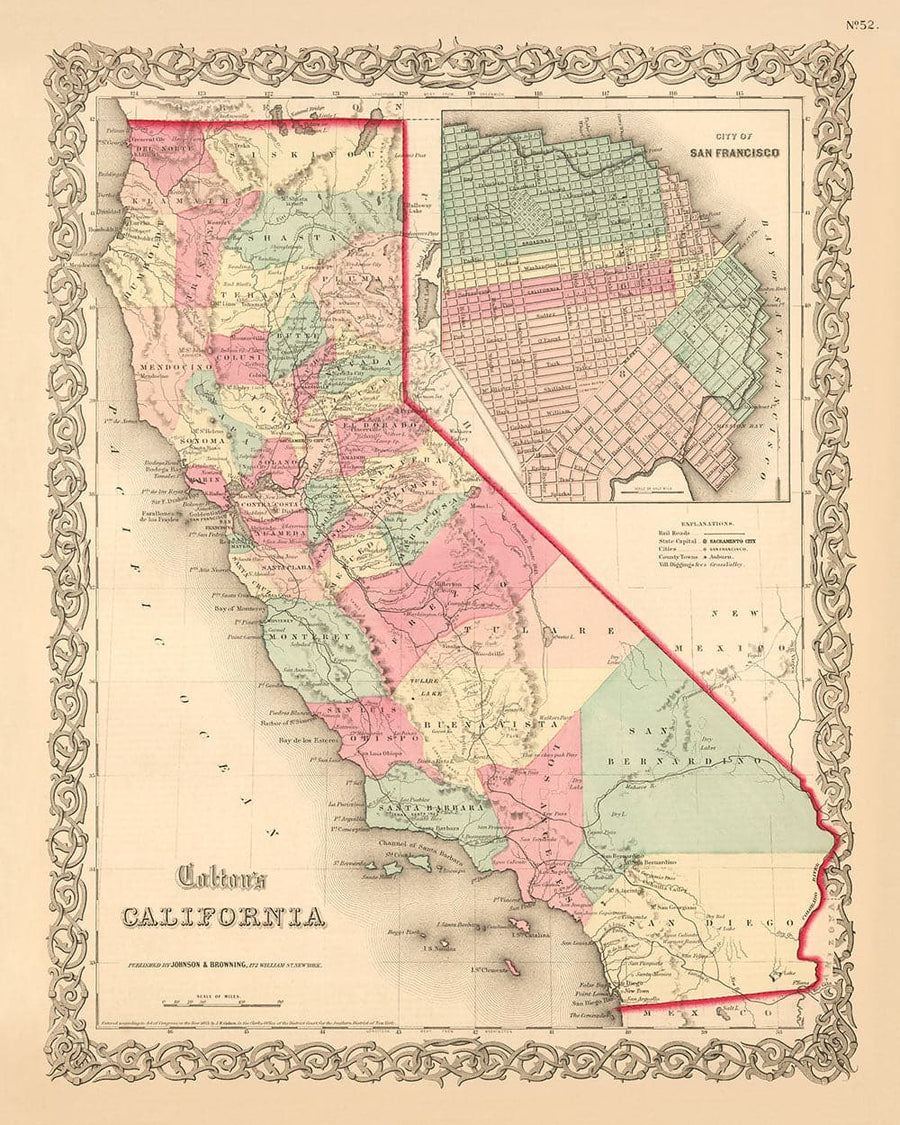 Mappa antica della California 1860, Colton - San Francisco, Los Angeles, San Diego, Santa Clara, Fresno, San Jose 