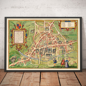 Antiguo mapa en color de Cambridge y los colegios universitarios, 1575 por Georg Braun - Trinity, Kings, Queens, Clare, Peterhouse, Christ&