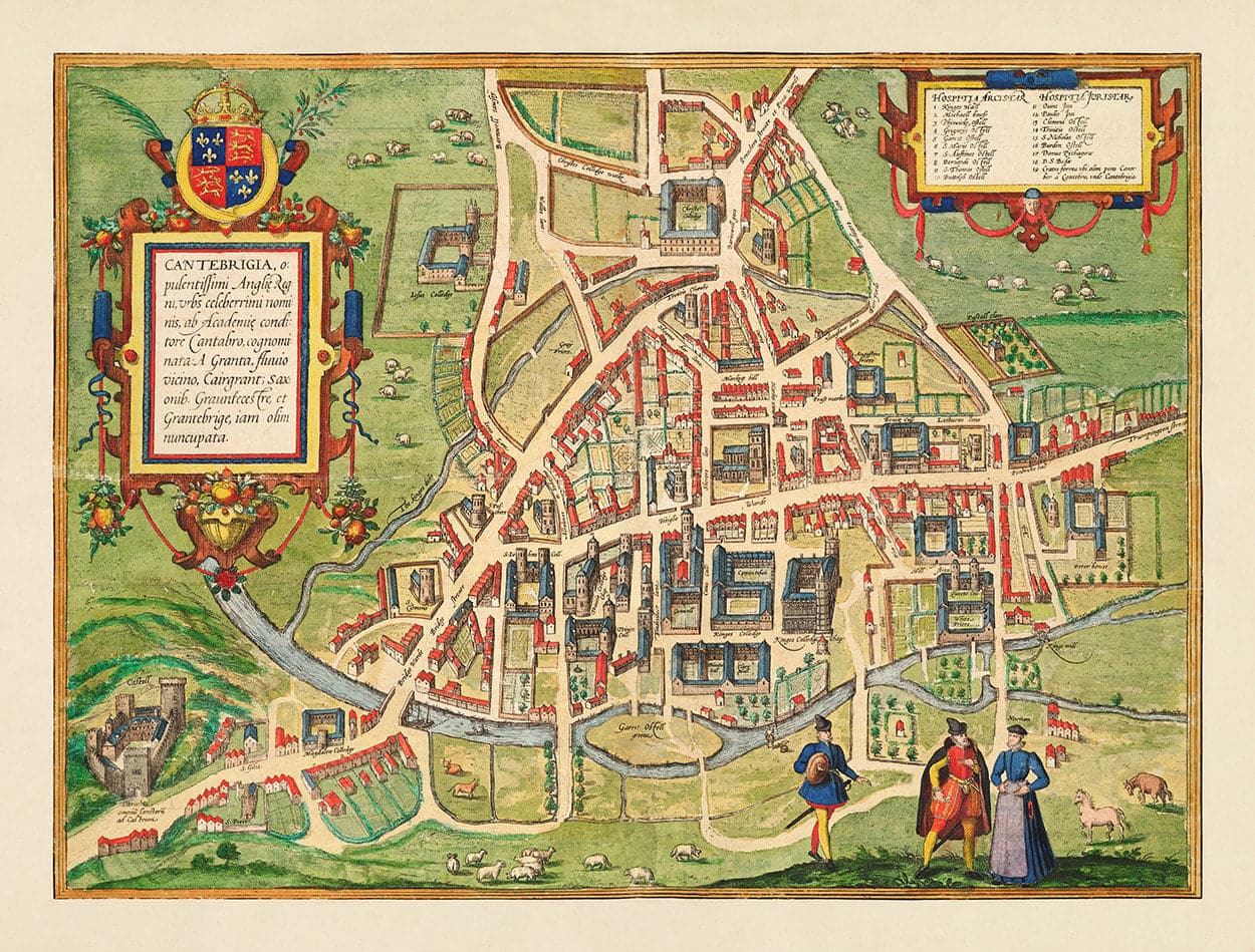 Old Colour Map of Cambridge and University Colleges, 1575 by Georg Braun - Trinity, Kings, Queens, Clare, Peterhouse, Christ's, Caius