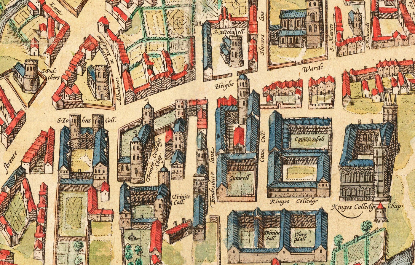 Old Colour Map of Cambridge and University Colleges, 1575 by Georg Braun - Trinity, Kings, Queens, Clare, Peterhouse, Christ's, Caius