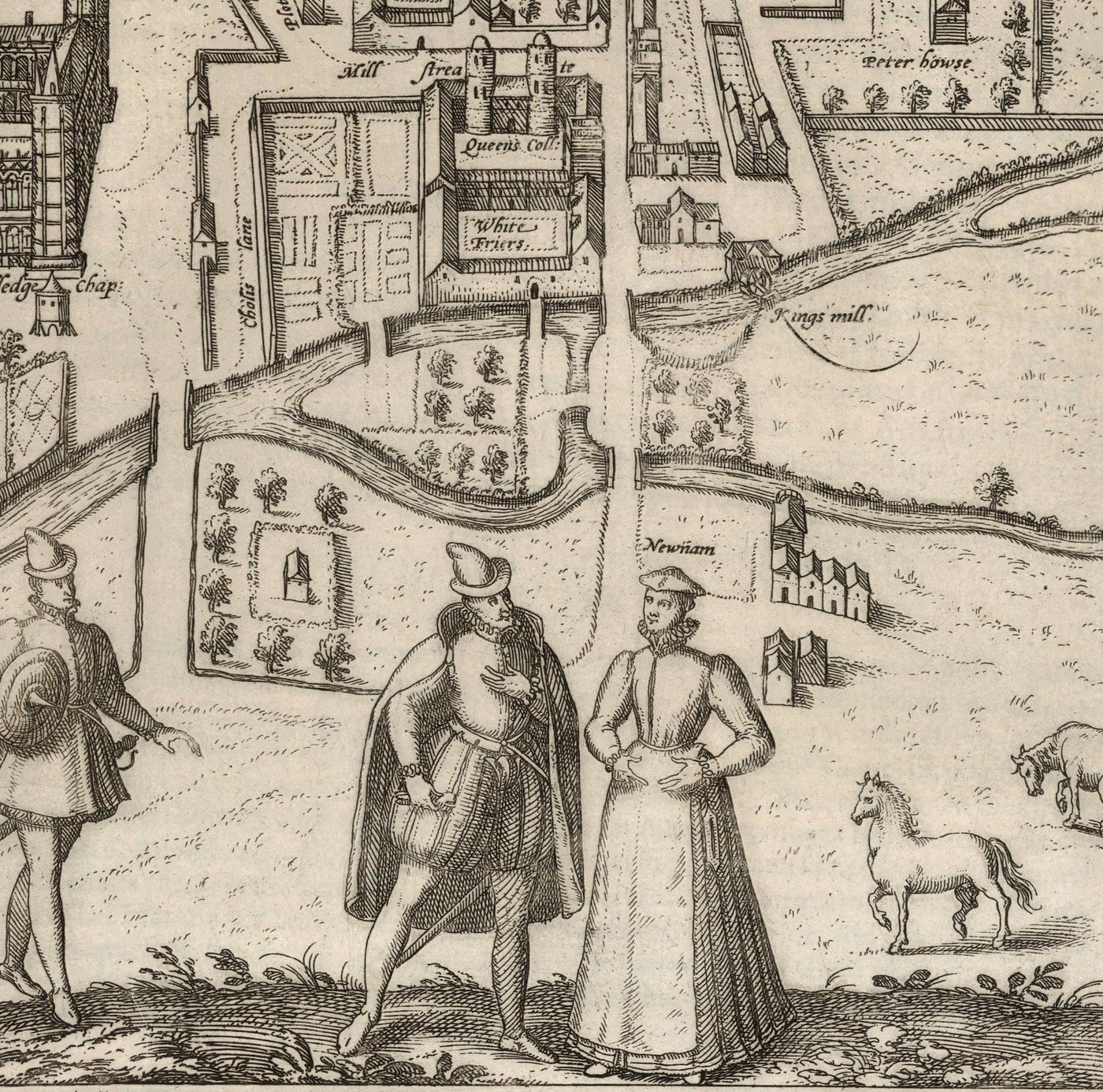 Old Map of Cambridge and University Colleges, 1575 by Georg Braun - Trinity, Kings, Queens, Clare