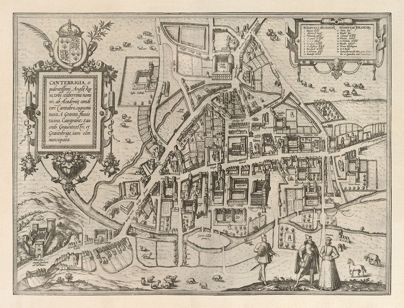 Old Map of Cambridge and University Colleges, 1575 by Georg Braun - Trinity, Kings, Queens, Clare