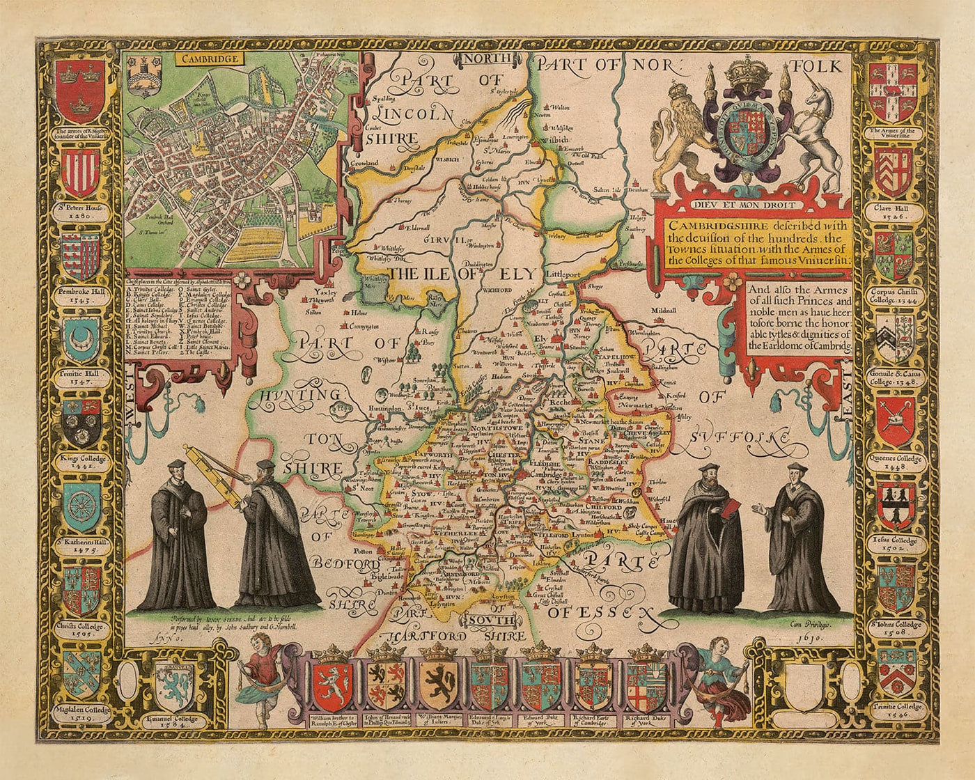 Old Map of Cambridgeshire, 1611 by John Speed - Cambridge, Peterborough, Wisbech, St Neots