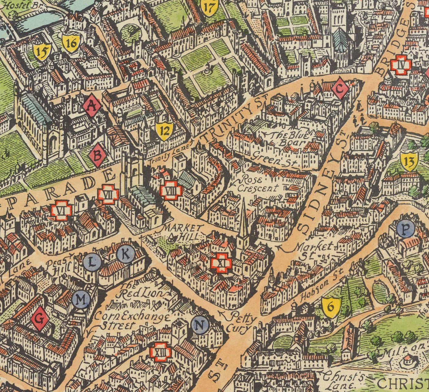 Old Map of Cambridge, 1929 - Trinity, St John's, King's, Peterhouse, Jesus - University and Colleges