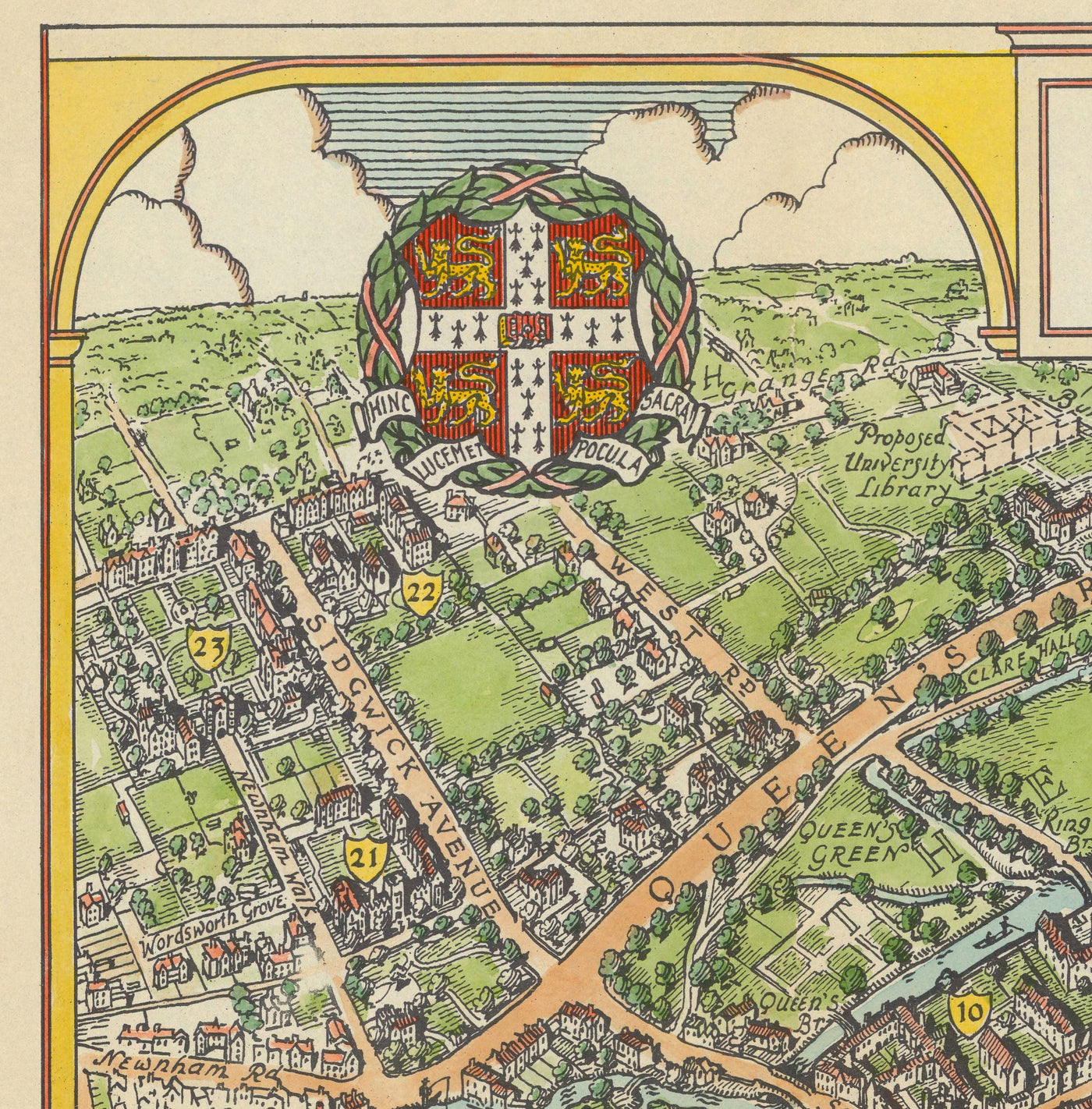 Old Map of Cambridge, 1929 - Trinity, St John's, King's, Peterhouse, Jesus - University and Colleges