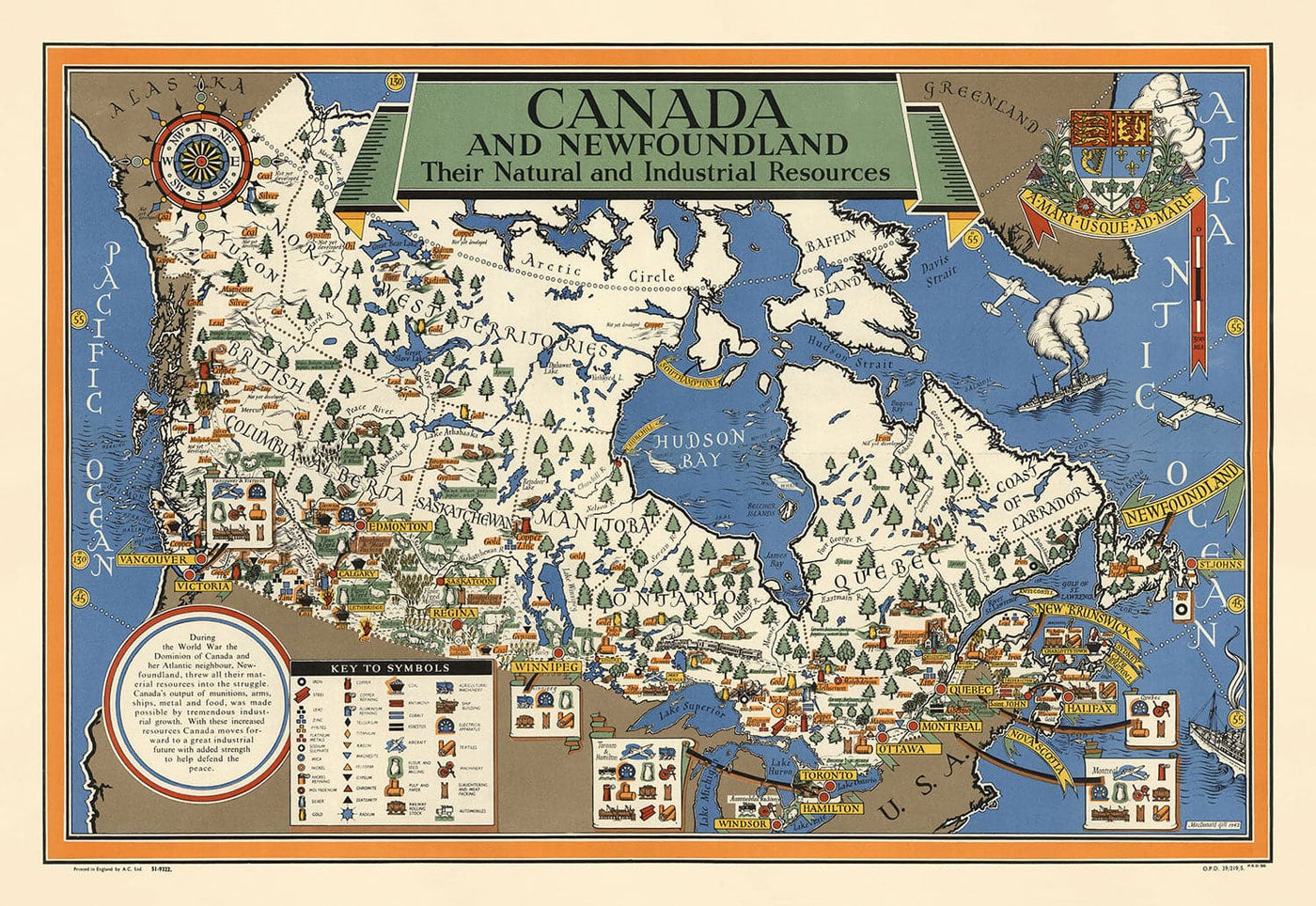 Old Map of Canada, 1942 by Max Gill - World War 2 Map of Natural & Industrial Resources