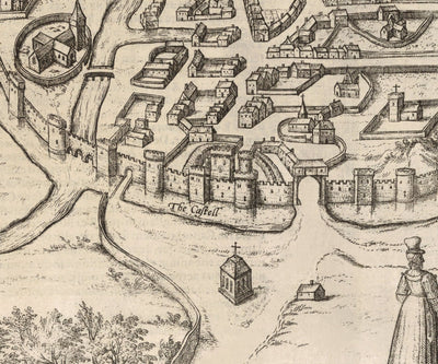 Old Map of Canterbury 1588 by Georg Braun - Castle, Cathedral, Church, City Walls