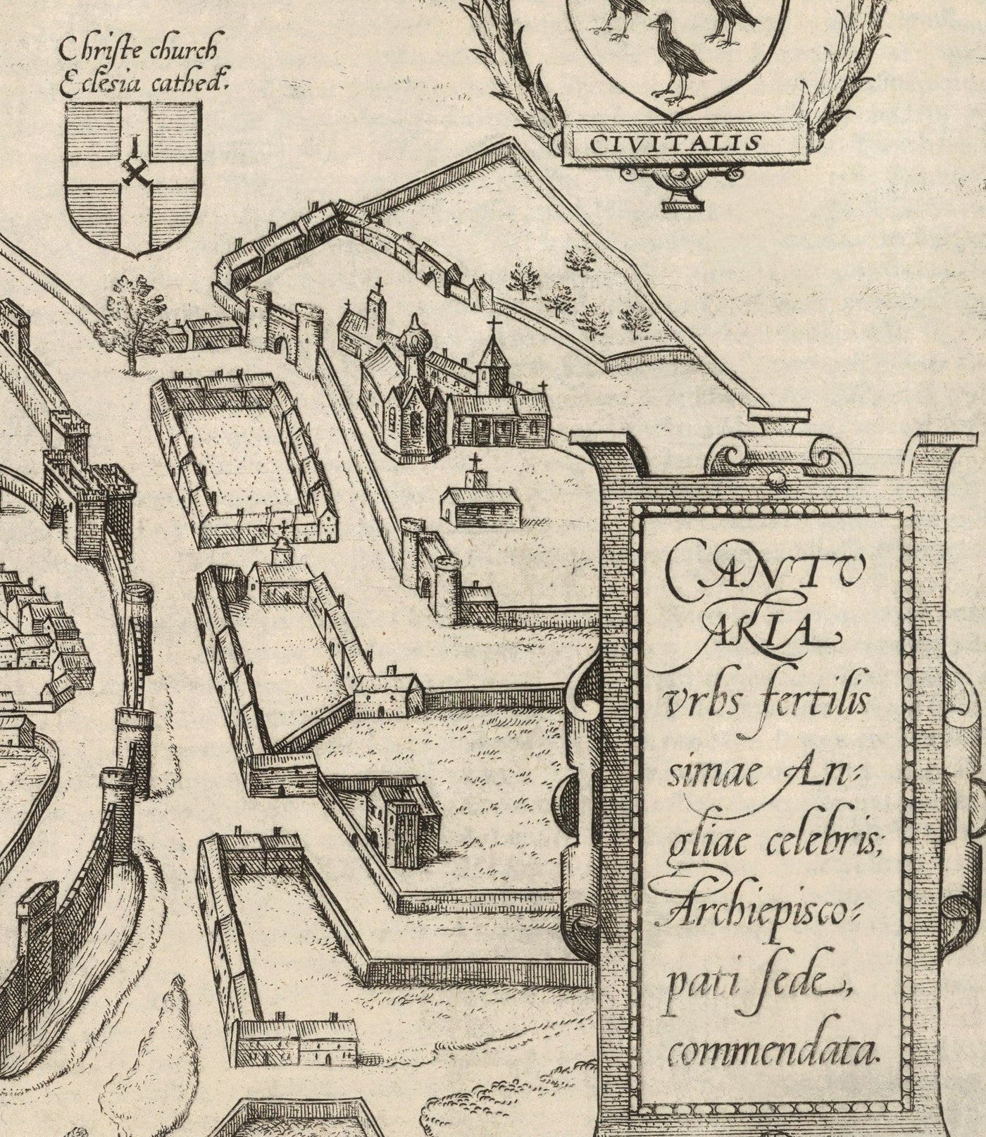 Old Map of Canterbury 1588 by Georg Braun - Castle, Cathedral, Church, City Walls