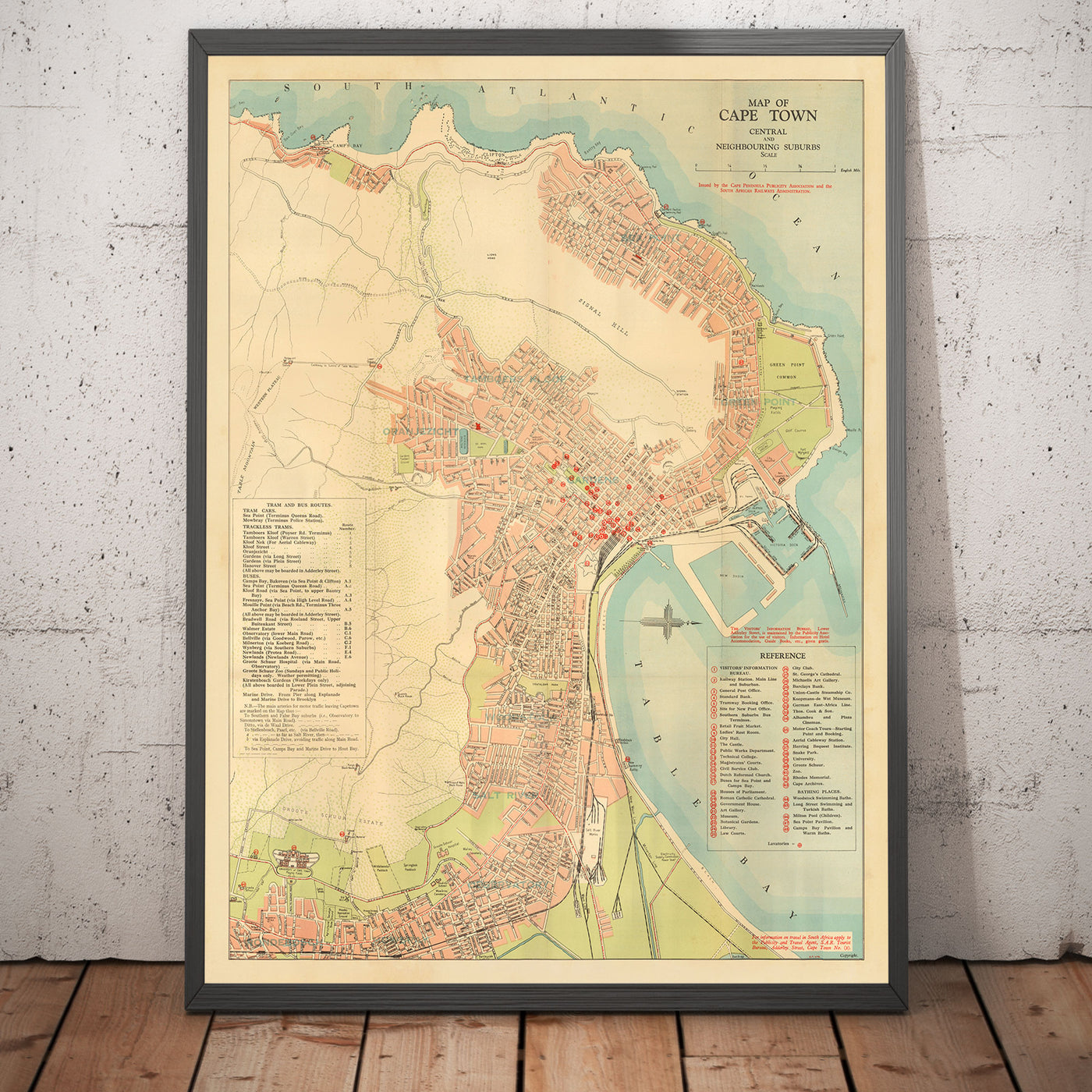 Antiguo mapa de Ciudad del Cabo, 1935 por los Ferrocarriles Sudafricanos - Ciudad Madre, Clifton, Camp Bay, Sea Point