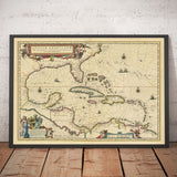 Mapa antiguo del Caribe en 1640 por Willem Blaeu - Cuba, Jamaica, República Dominicana, Puerto Rico, Las Bahamas