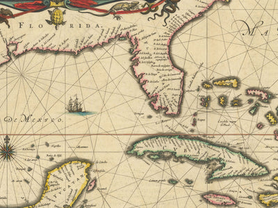 Old Map of the Caribbean in 1640 by Willem Blaeu - Cuba, Jamaica, Dominican Republic, Puerto Rico, The Bahamas