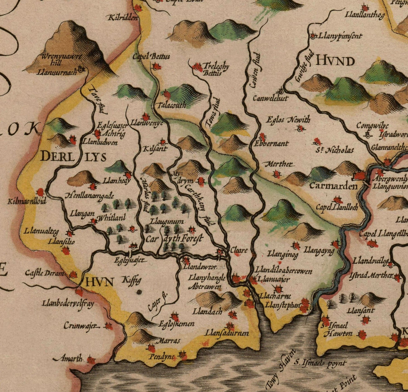 Old Map of Carmarthenshire Wales, 1611 by John Speed - Carmarthen, Llanelli, Llandovery