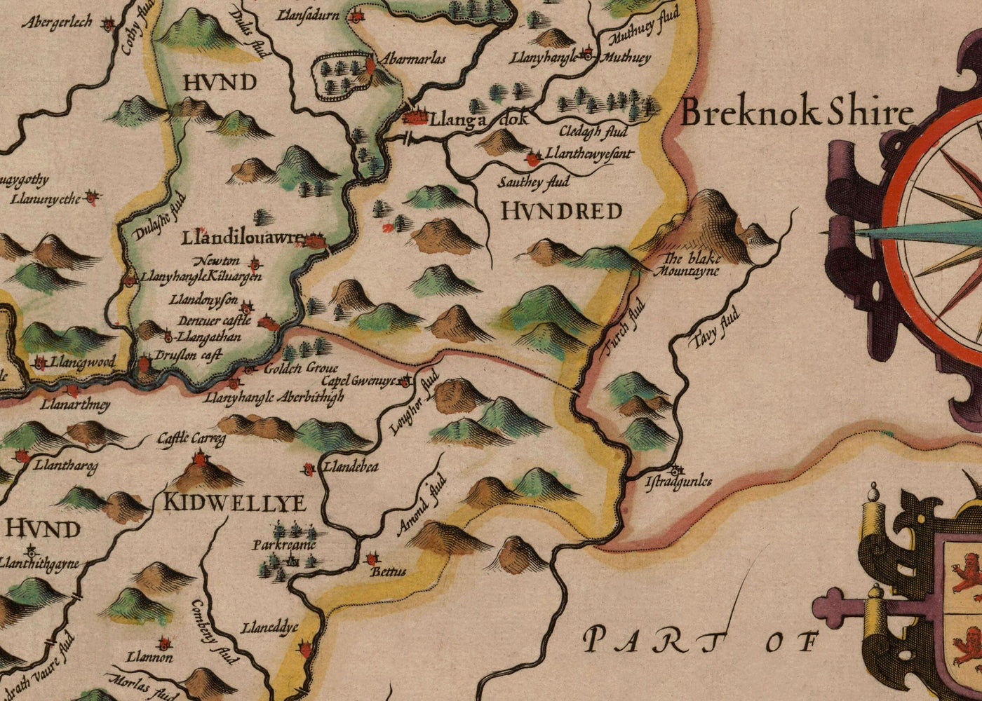 Old Map of Carmarthenshire Wales, 1611 by John Speed - Carmarthen, Llanelli, Llandovery