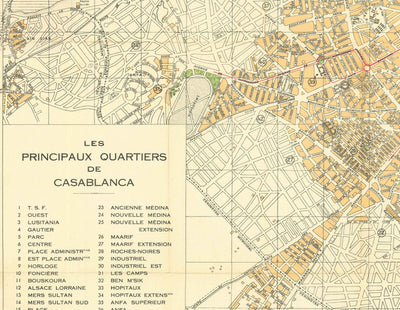 Mapa antiguo de Casablanca en 1934 por Gaillac-Monrocq - Antigua Medina, Puerto de Casablanca, Derb Ghallef, Nueva Medina, Hipódromo, Anfa