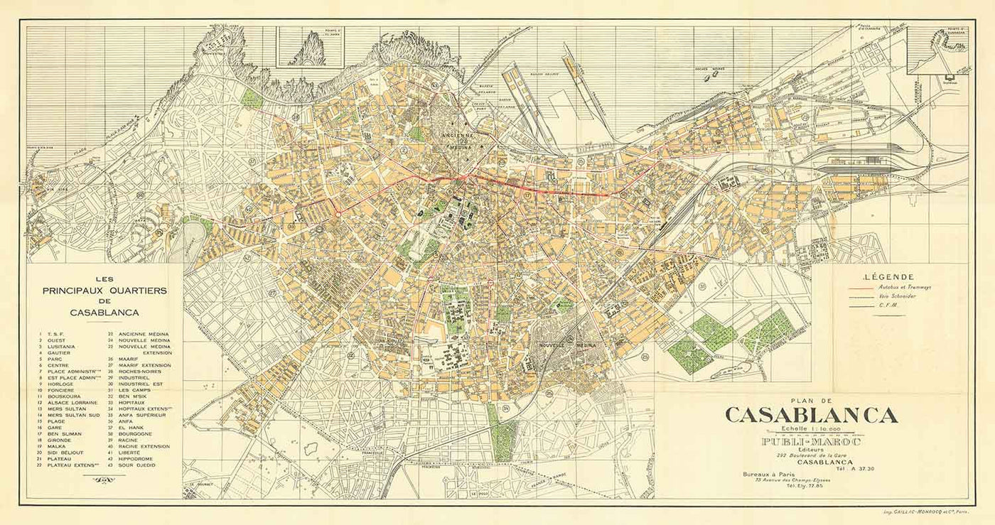 Old Map of Casablanca in 1934 by Gaillac-Monrocq - Ancienne Medina, Port of Casablanca, Derb Ghallef, New Medina, Hippodrome, Anfa