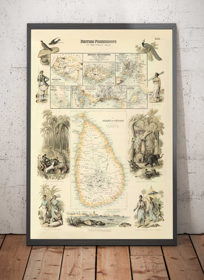 Old Map of British Possessions in the Indian Ocean, 1872 by Fullarton - Malaysia, Penang, Singapore, Sri Lanka, Malacca