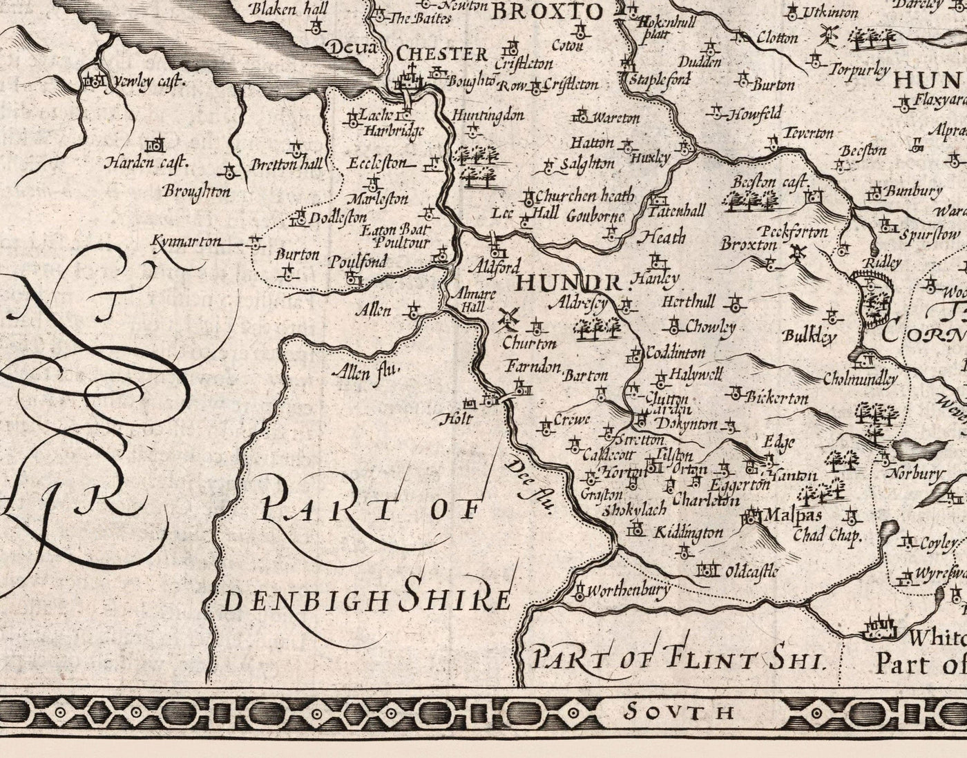 Old Monochrome Map of Cheshire in 1611 - Chester, Warrington, Crewe, Runcorn, Liverpool, Wirral, Merseyside