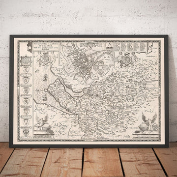 Ancienne carte monochrome du Cheshire en 1611 - Chester, Warrington, Crewe, Runcorn, Liverpool, Wirral, Merseyside 