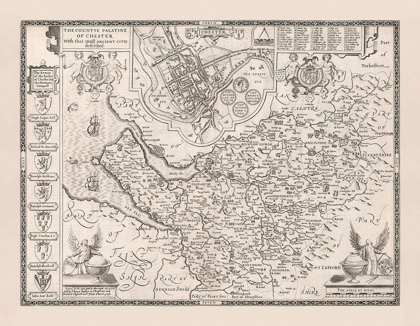 Old Monochrome Map of Cheshire in 1611 - Chester, Warrington, Crewe, Runcorn, Liverpool, Wirral, Merseyside