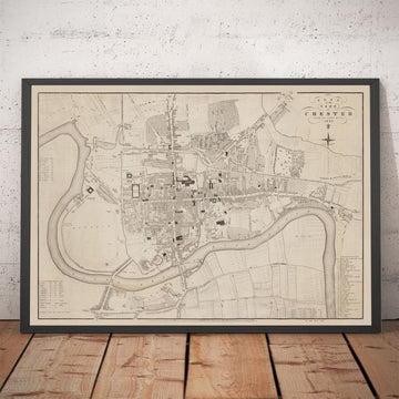Mappa antica di Chester, 1833 di John Wood - Cattedrale, Castello, Ippodromo, Mura, Fiume Dee, Piano del Centro Cittadino 