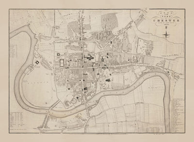 Old Map of Chester, 1833 by John Wood - Cathedral, Castle, Race Course, Walls, River Dee, City Centre Plan Chart