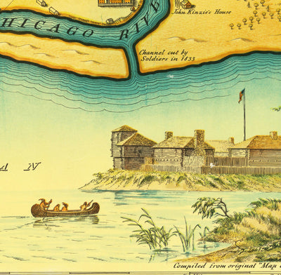 Old Map of Chicago, 1833 by Stelzer & Conley - 350 Pop. Town - Lake Michigan, Downtown, Chicago River