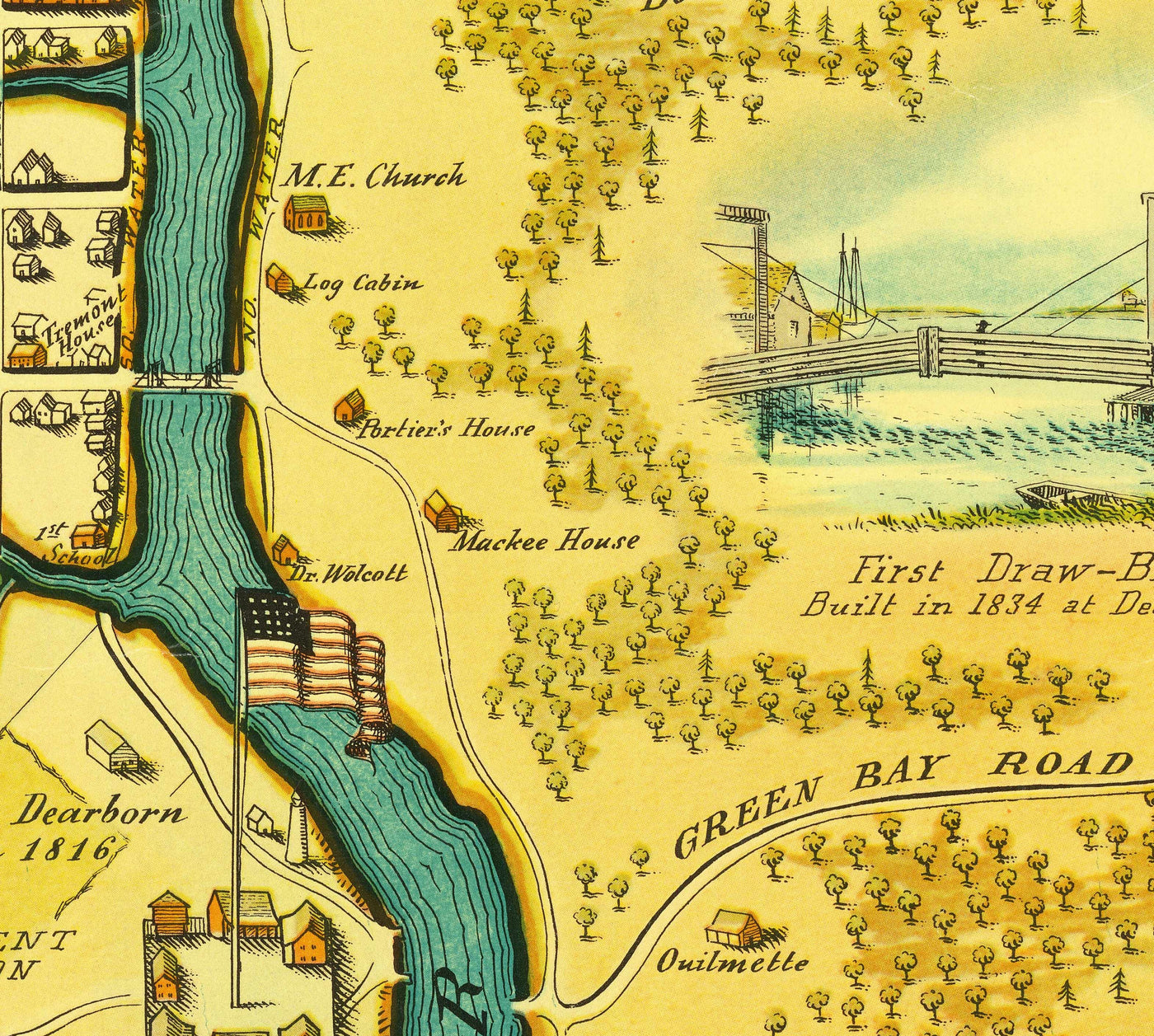 Old Map of Chicago, 1833 by Stelzer & Conley - 350 Pop. Town - Lake Michigan, Downtown, Chicago River