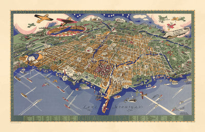 Old Map of Chicago, 1931 - Birdseye Map of Downtown, Grant Park, Central, Magnificent Mile, Lake Michigan, Suburbs