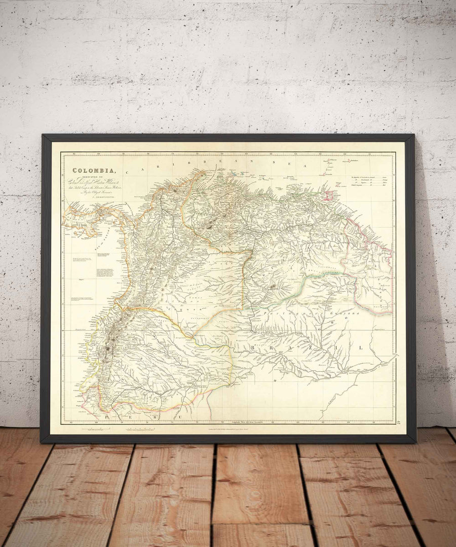 Ancienne carte de la Colombie, 1834 par Arrowsmith - Grande Colombie, Venezuela, Equateur, Pérou, Caraïbes, Panama