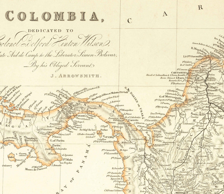 Ancienne carte de la Colombie, 1834 par Arrowsmith - Grande Colombie, Venezuela, Equateur, Pérou, Caraïbes, Panama