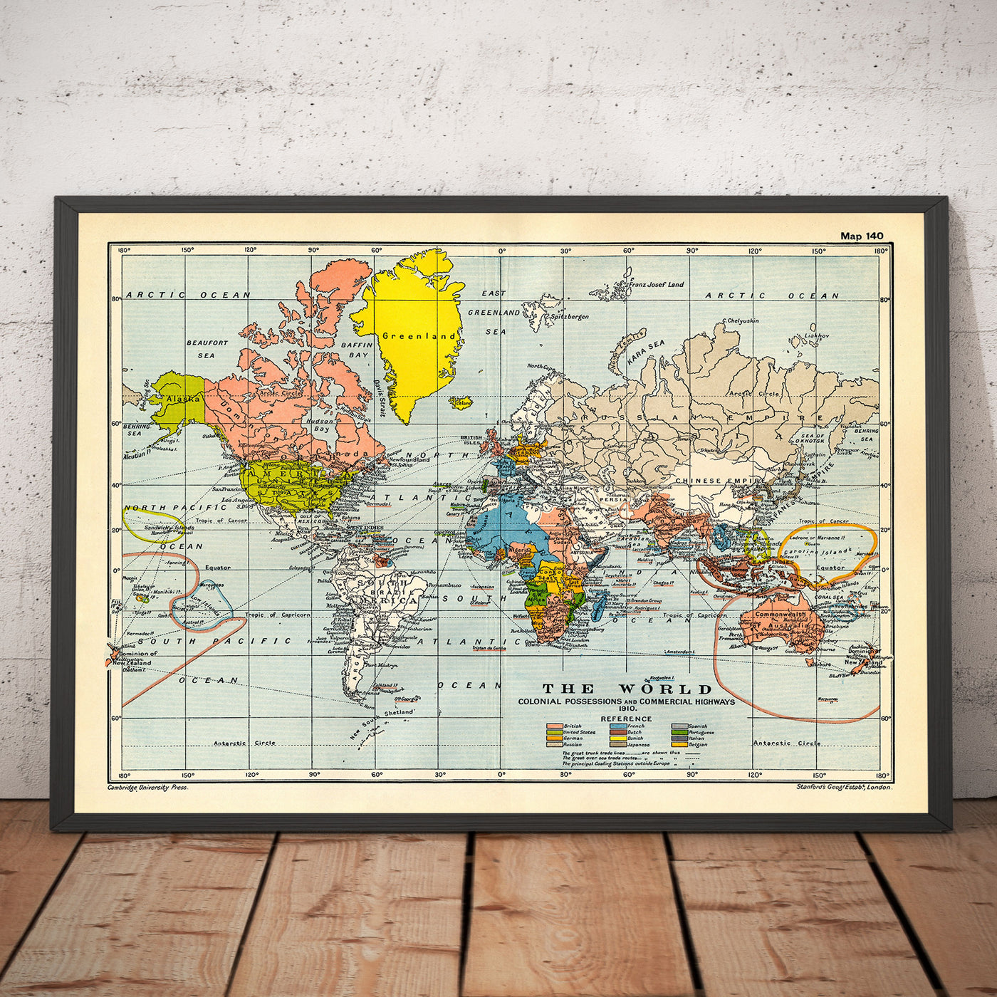 Antiguo Mapa Colonial del Mundo, 1912 por Cambridge Publishing - Imperio Británico, Imperio Francés, Imperio Holandés, Imperio Chino, Imperio Español