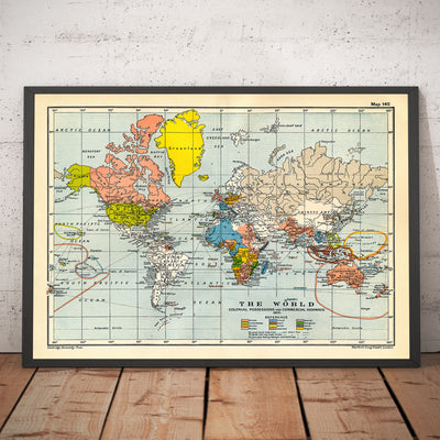 Ancienne carte du monde colonial, 1912 par Cambridge Publishing - Empire britannique, Empire français, Empire hollandais, Empire chinois, Empire espagnol