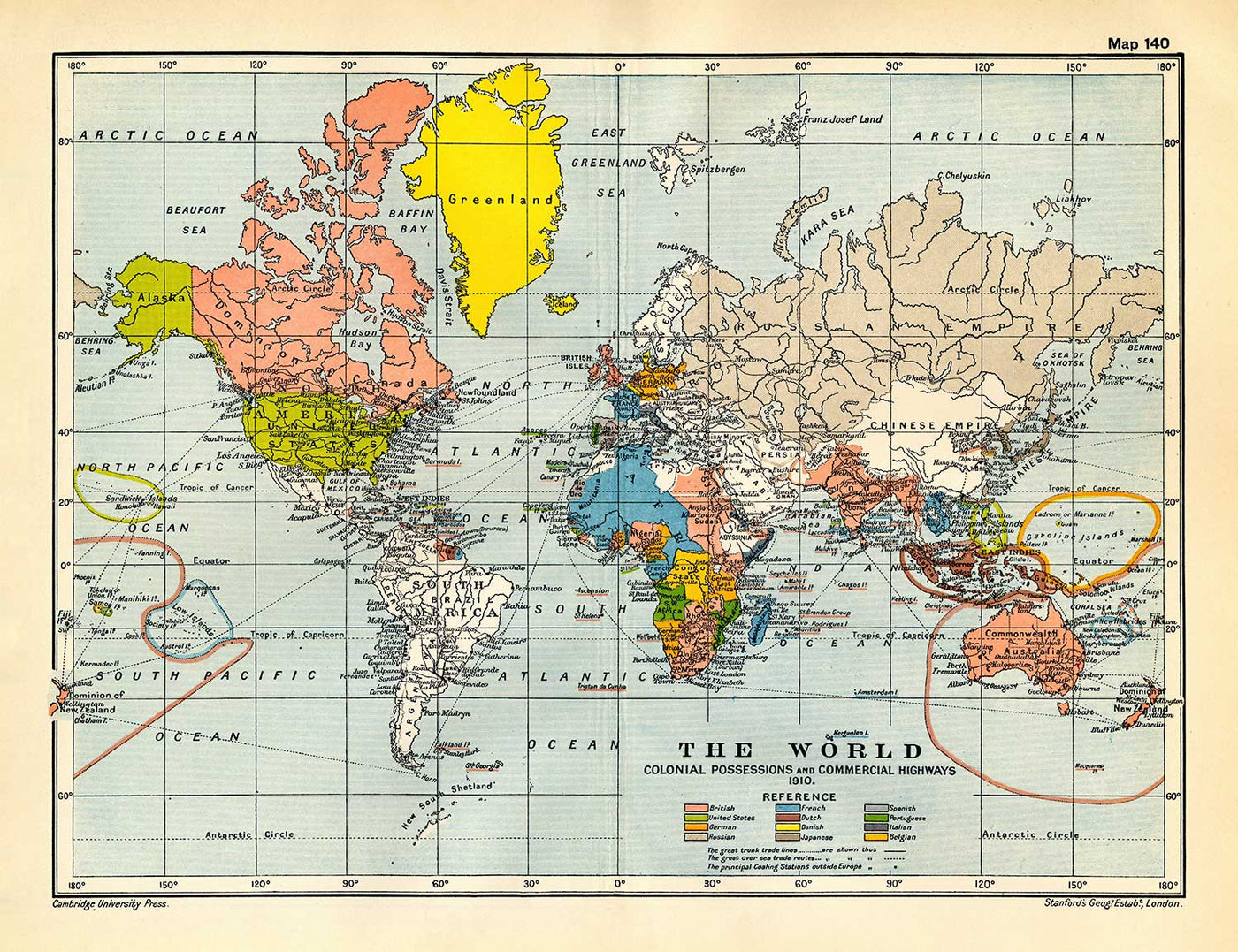 Ancienne carte du monde colonial, 1912 par Cambridge Publishing - Empire britannique, Empire français, Empire hollandais, Empire chinois, Empire espagnol