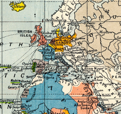 Alte Koloniale Weltkarte, 1912 von Cambridge Publishing - Britisches Reich, Französisches Reich, Niederländisches Reich, Chinesisches Reich, Spanisches Reich