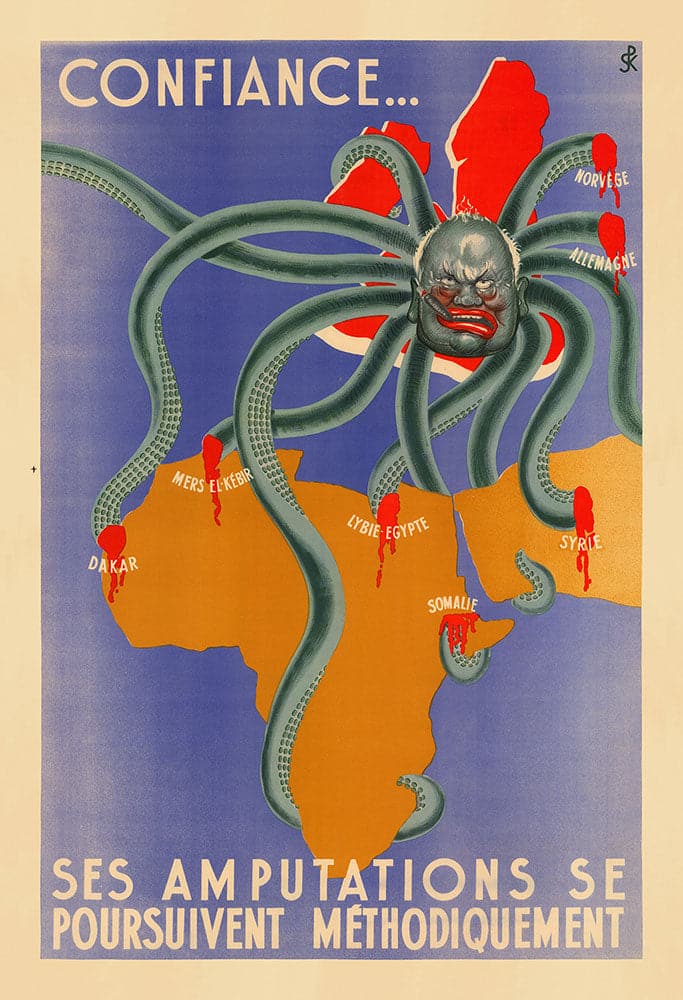 World War 2 Nazi Vichy France Propaganda Poster Map - Winston Churchill as a Tentacled Beast