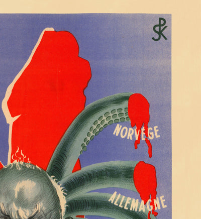 World War 2 Nazi Vichy France Propaganda Poster Map - Winston Churchill as a Tentacled Beast
